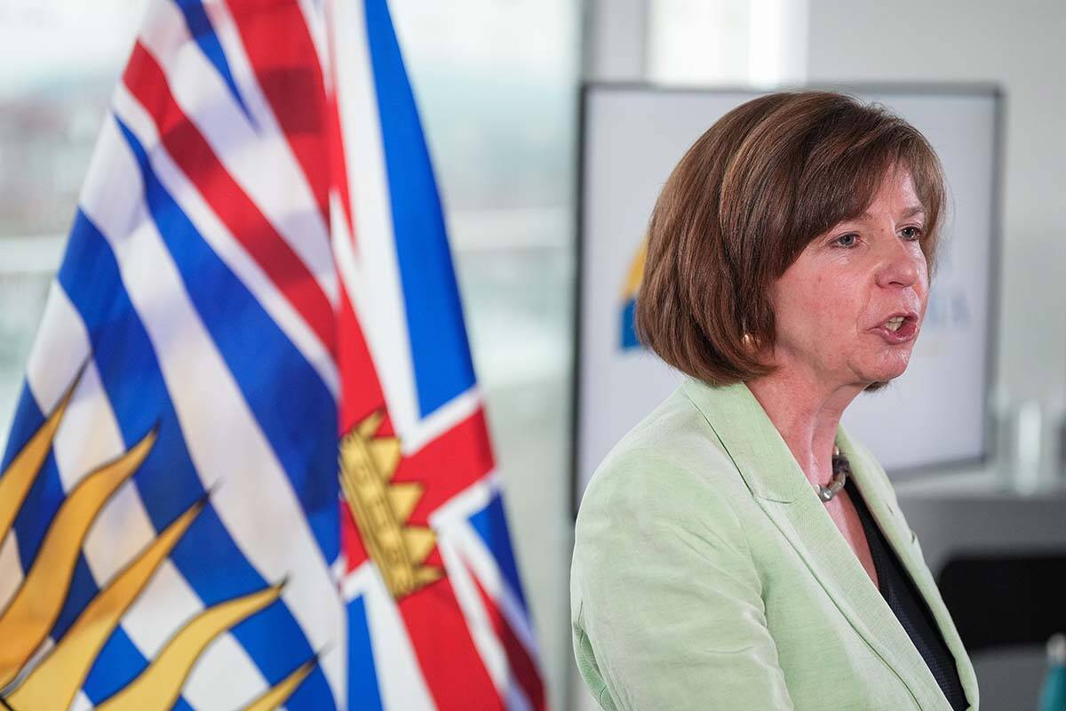 In this file photo, B.C. Minister of Mental Health and Addictions Sheila Malcolmson speaks during a news conference in Vancouver on May 31, 2022. On Oct. 3, 2022, she announced new supports for people exiting correctional facilities in the province. THE CANADIAN PRESS/Darryl Dyck