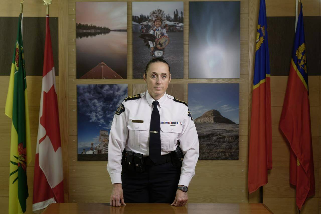 Assistant Commissioner Rhonda Blackmore poses for a photo after an interview with the Canadian Press at RCMP “F” Division in Regina, Friday, Oct. 7, 2022. THE CANADIAN PRESS/Michael Bell