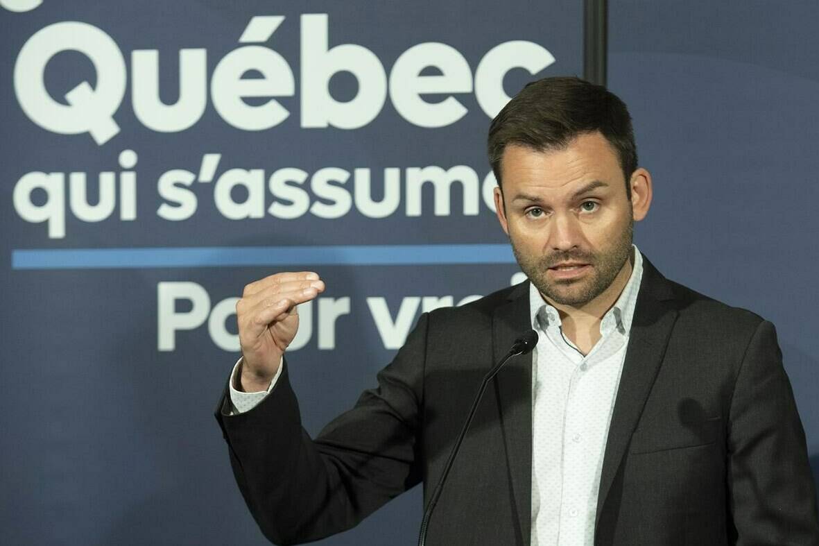 Parti Québécois Leader Paul St-Pierre Plamondon speaks during a post-election news conference in Boucherville, Que., Tuesday, Oct. 4, 2022. Plamondon is adamant he will not swear an oath to King Charles III before being sworn into office. THE CANADIAN PRESS/Graham Hughes