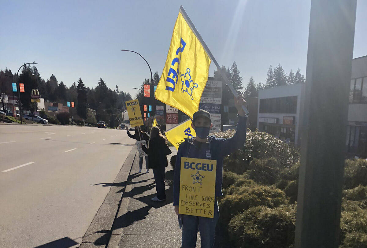 BCGEU members in the cannabis and liquor distribution industry rallied outside Finance Minister Selina Robinson on April 14, 2021. (LDB Anonymous/Twitter)
