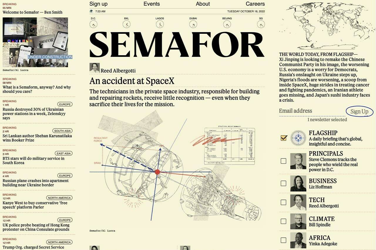 This image shows the homepage for the new Semafor news website. Semafor says it plans to structure stories to make clear what is news, and what is analysis or opinion. (Semafor via AP)