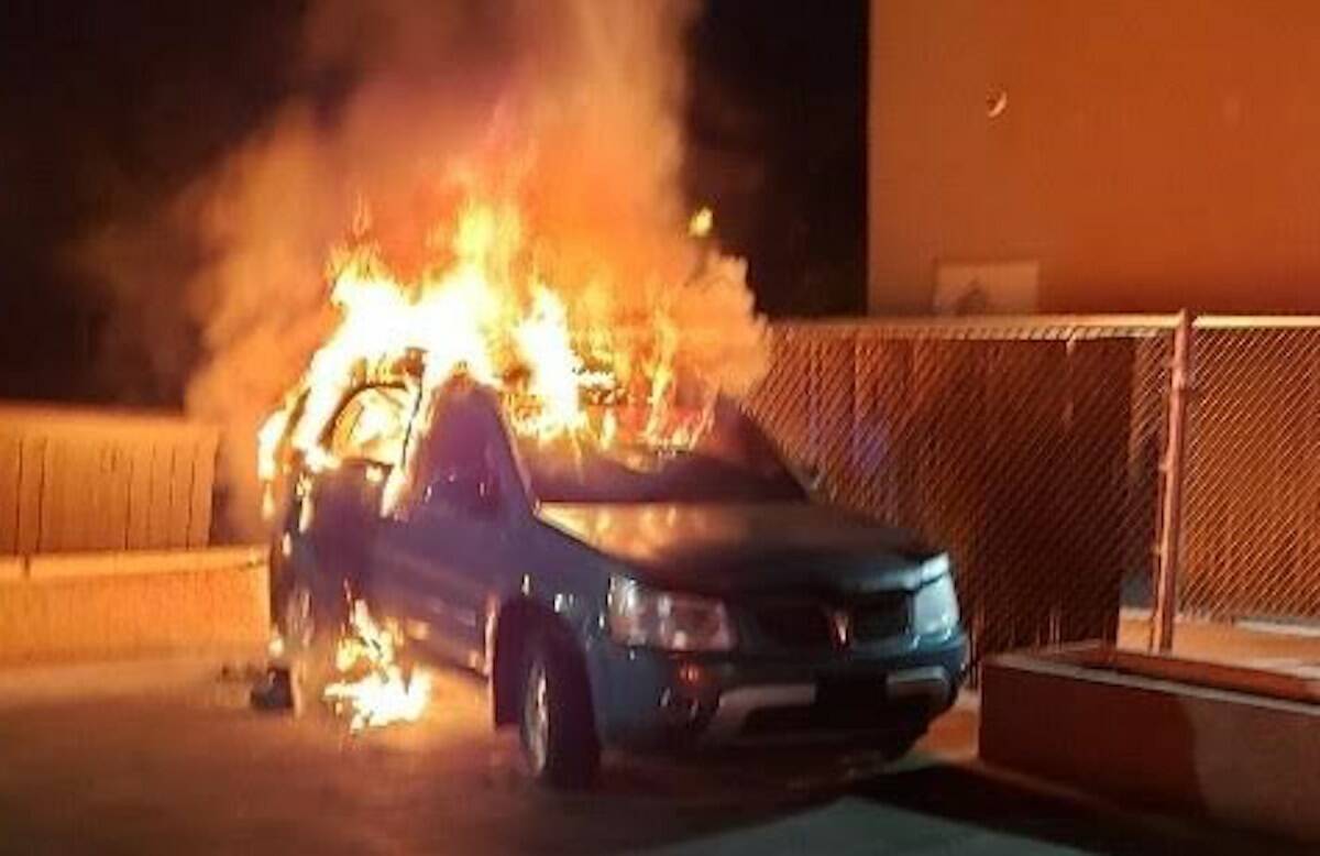 This vehicle was set alight sometime overnight on Oct. 19 at TRU Auto Market in Kamloops — the business of incoming mayor Reid Hamer-Jackson.