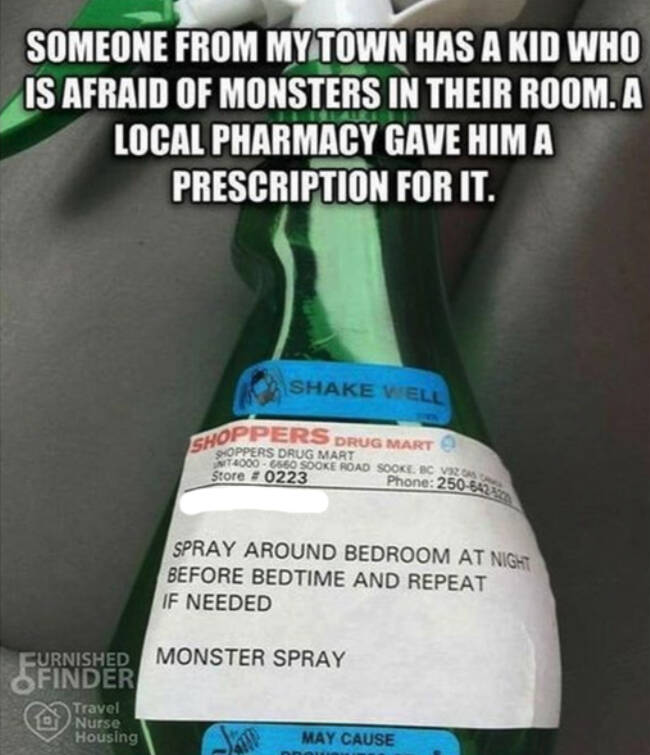 A ‘monster spray’ prescription filled by a Sooke pharmacy is garnering attention on social media. Black Press Media has altered this image to remove a name. (The Dad/Instagram)