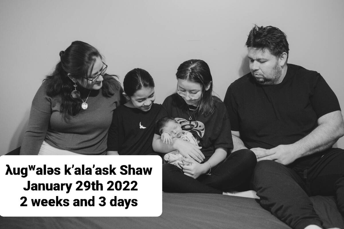 Crystal Smith (far left) and husband Raymond Shaw were unable to register their newborn son's name because it uses Kwak'wala characters. Photo contributed