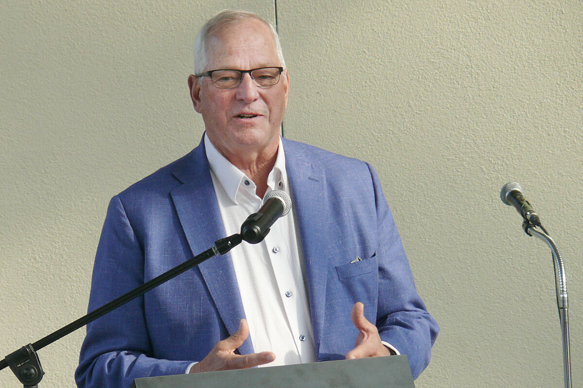 Langley mayor Jack Froese talked about the social part of being a long-time Otter Co-op member. On Wednesday, Oct. 19, Otter celebrated its 100th anniversary at the Langley Retail Centre, close to the original 1922 site. (Dan Ferguson/Langley Advance Times)