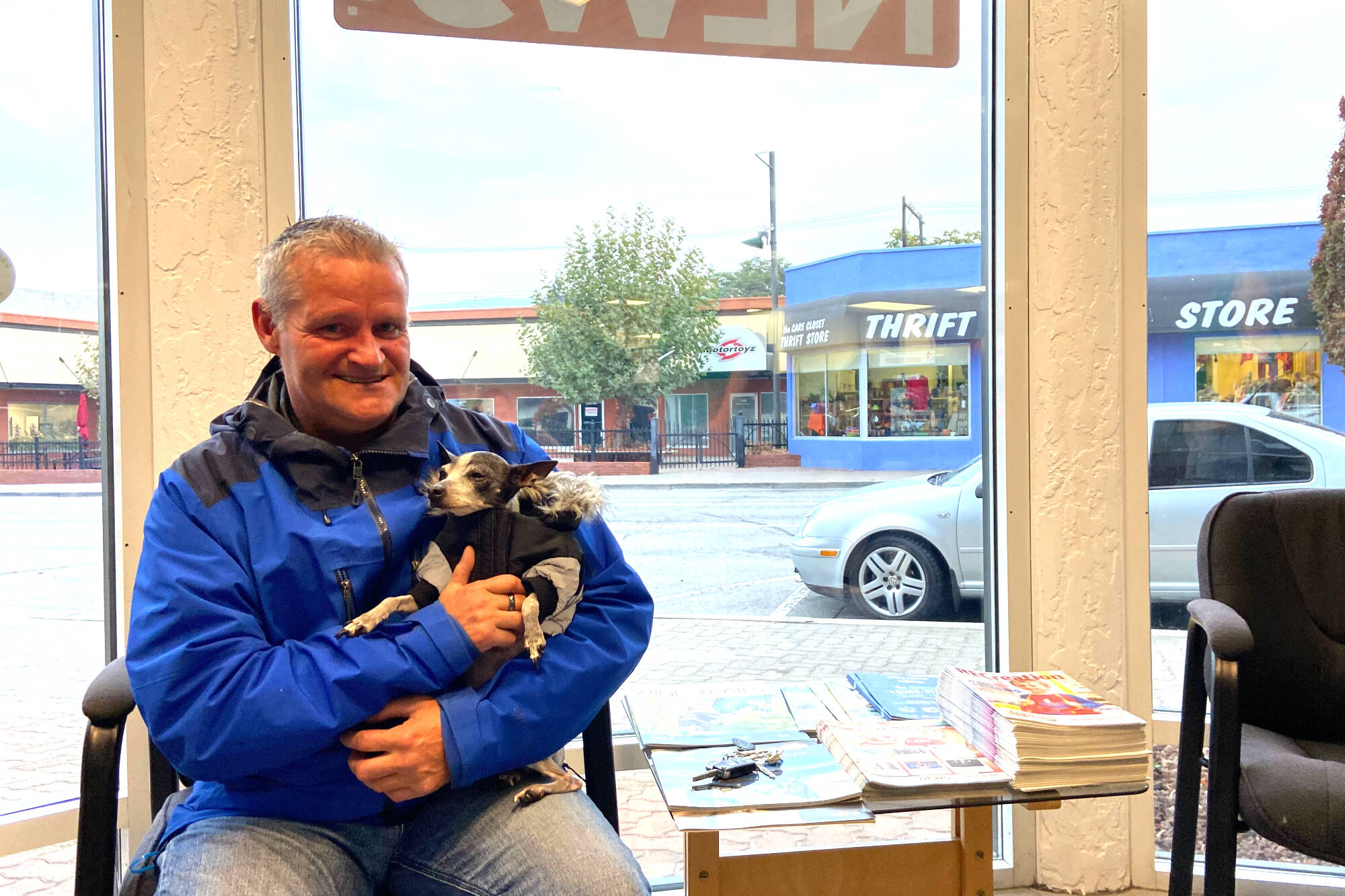 Local hero Gord Portman with his dog Zippy stopped by the Penticton Western News office on Wednesday to give a health update on his dog who is slowly gaining weight again after ingesting cocaine and meth while doing outreach work. (Monique Tamminga Western News)
