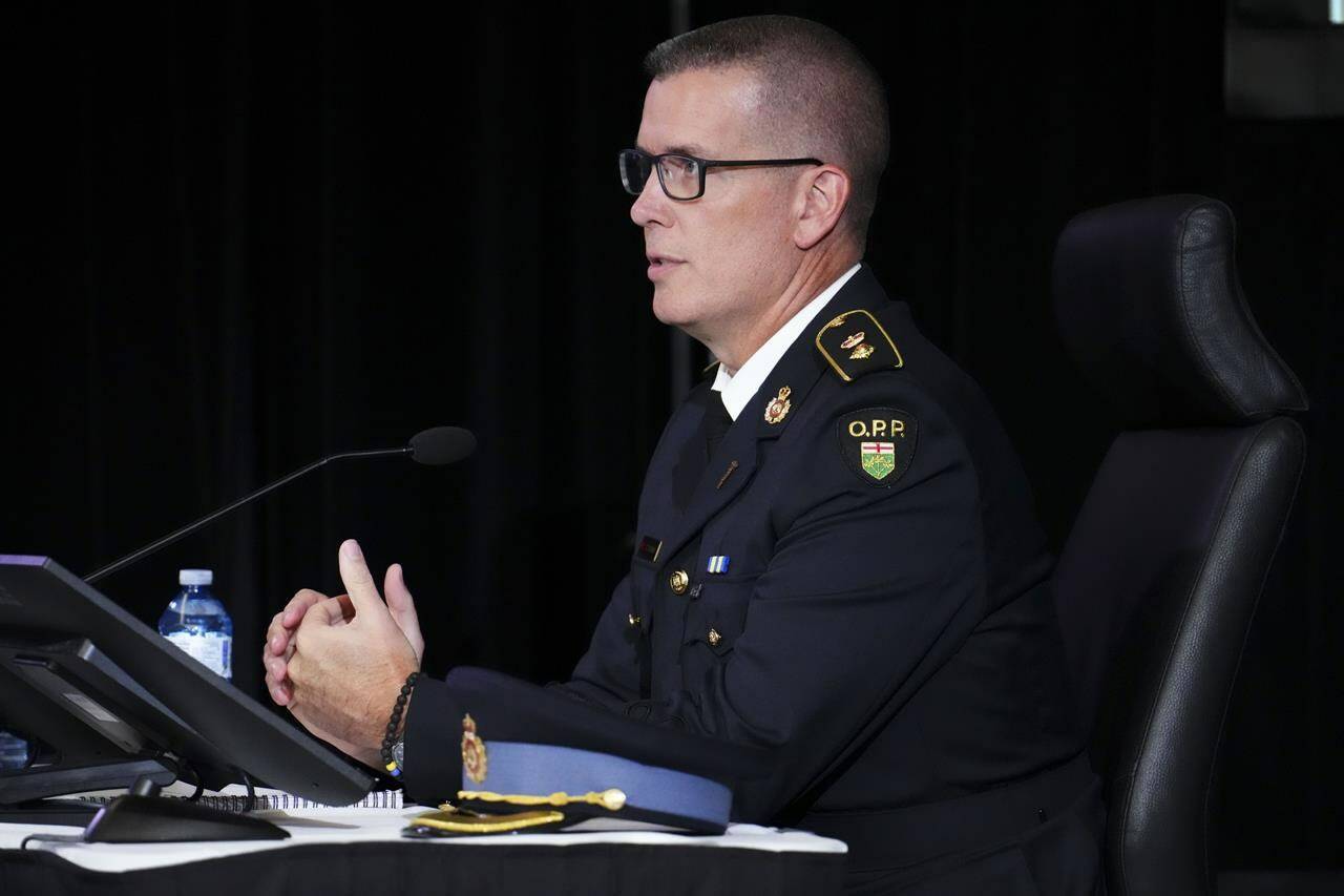Ontario Provincial Police Supt. Craig Abrams appears as a witness at the Public Order Emergency Commission in Ottawa on Thursday, Oct. 20, 2022. THE CANADIAN PRESS/Sean Kilpatrick