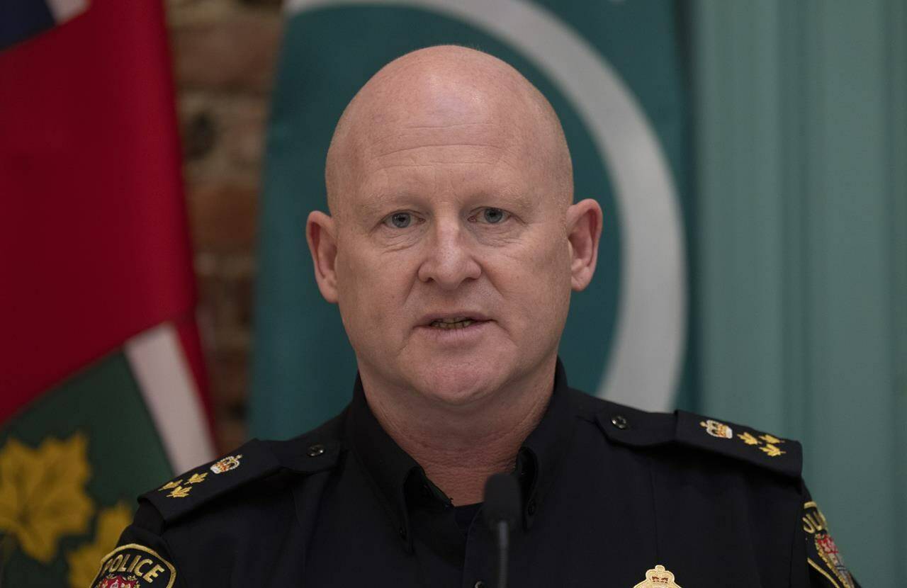 Ottawa Police Service Interim Chief Steve Bell speaks during a news conference, Thursday, April 28, 2022 in Ottawa. THE CANADIAN PRESS/Adrian Wyld