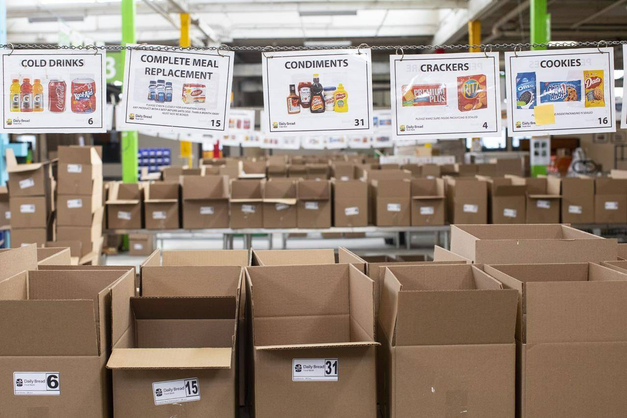 Boxes wait to be filled with provisions at The Daily Bread Food Bank warehouse in Toronto on Wednesday, March 18, 2020. THE CANADIAN PRESS/Chris Young