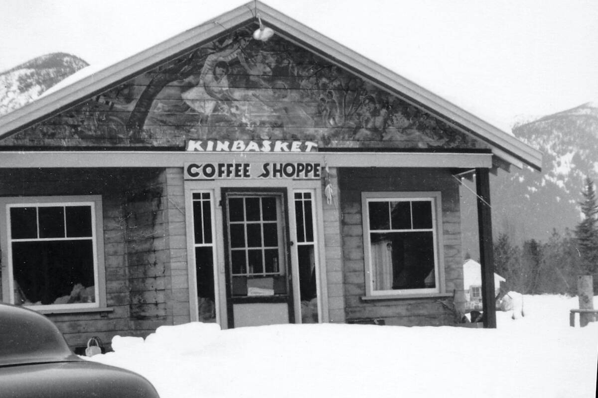 This historic photo is of the Kinbasket Lake Coffee Shop circa 1946. Check out the cool mural above the door. ~Golden Museum & Archives /BC Archives