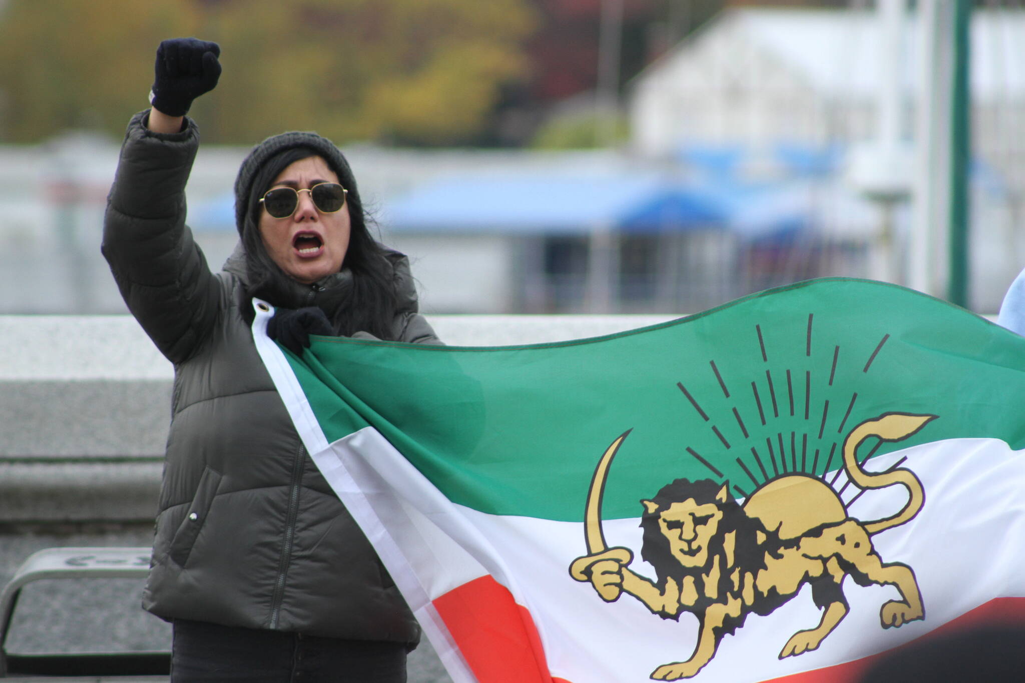 A woman raises her fist and the Iranian flag in support of Iranian protests. Photo taken by Austin Westphal on 10/29