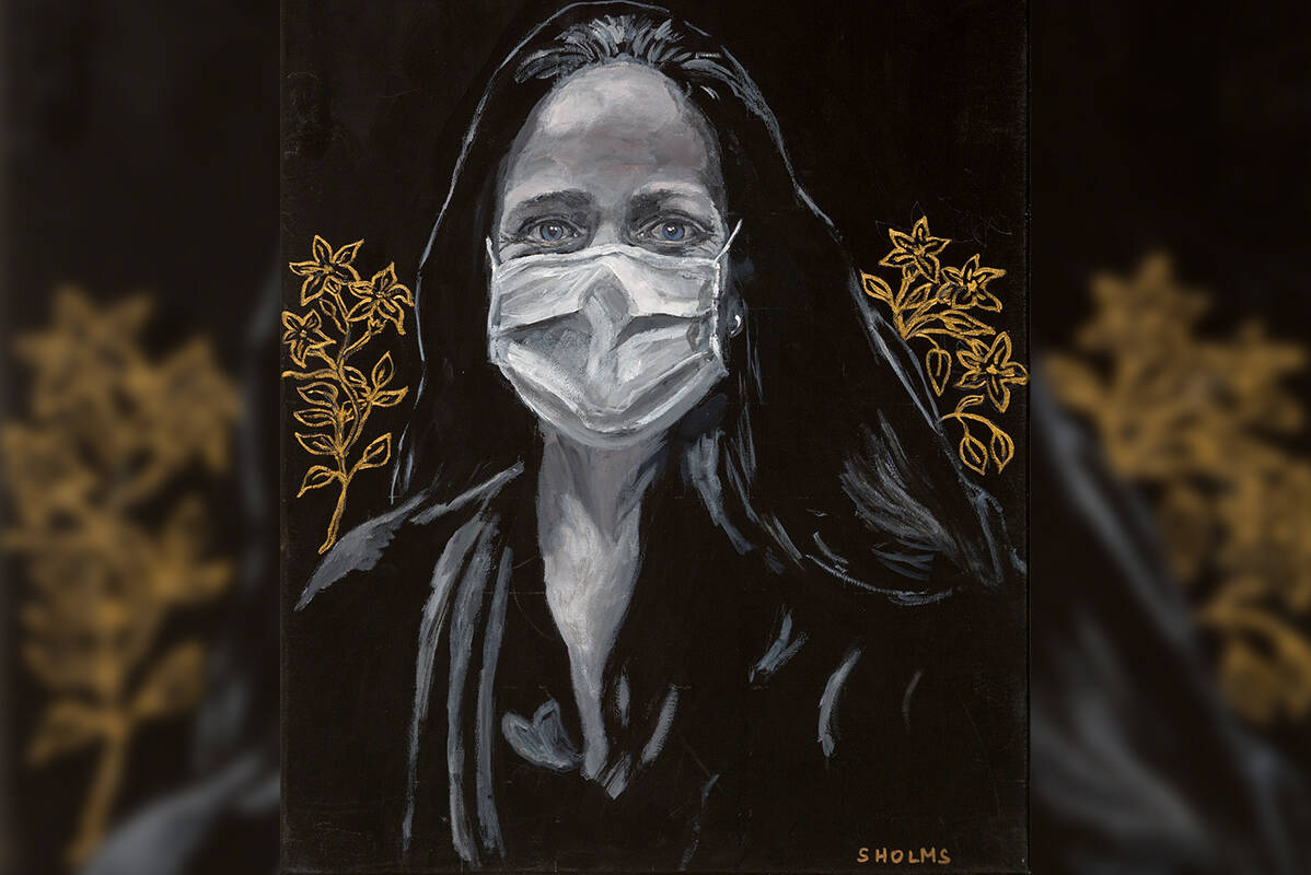 One of the 20 portraits of health care workers across B.C. painted by Victoria’s Shannon Holms. The paintings, which incorporate golden leaves symbolizing attributes of each subject, will be exhibited at the Gage Gallery from Feb. 15 to 20. (Courtesy of Shannon Holms)