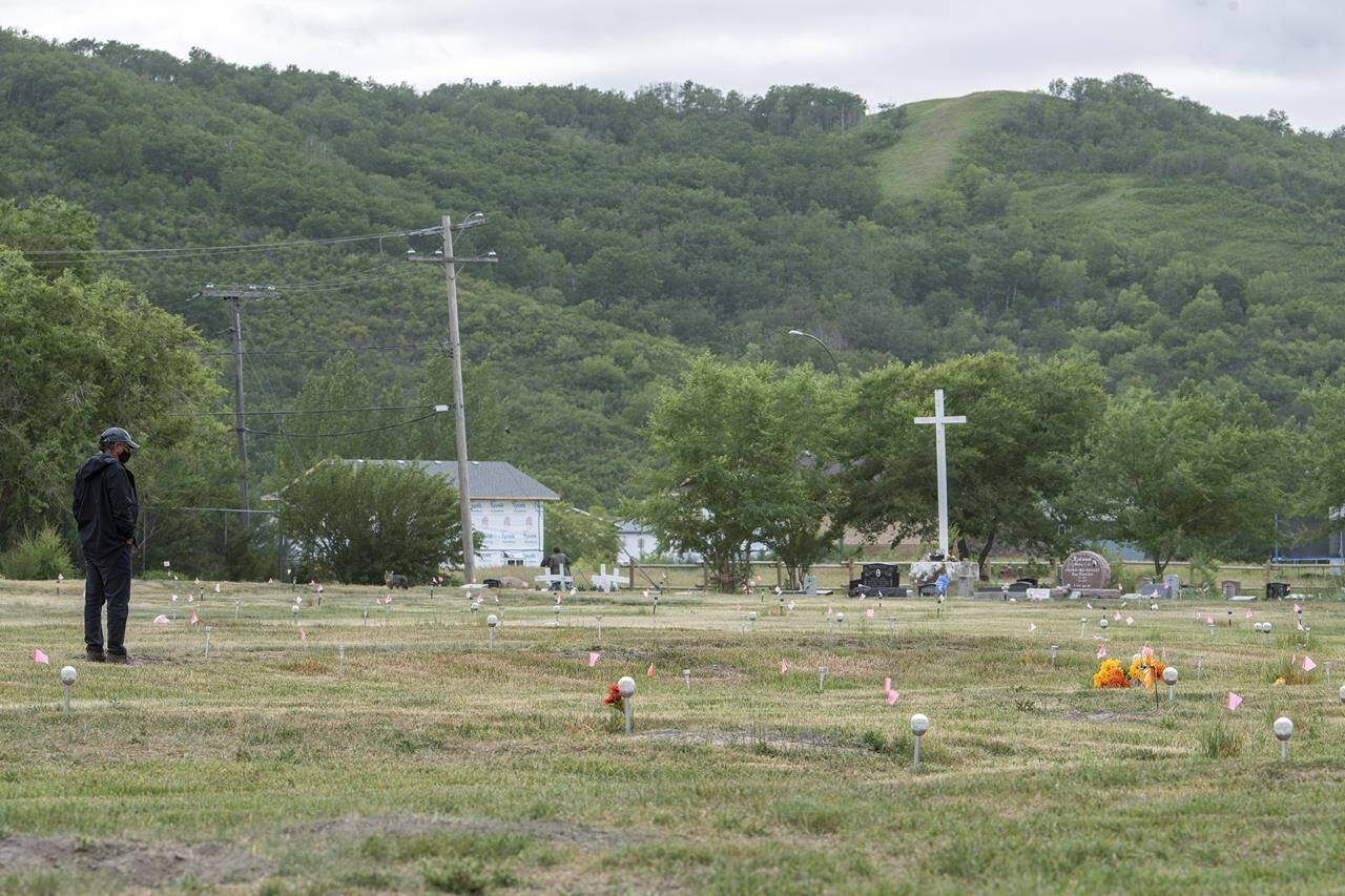 The site of a former residential school where, last month, ground-penetrating radar detected a potential 751 unmarked graves in Cowessess First Nation, Sask., Tuesday, July 6, 2021. THE CANADIAN PRESS/Liam Richards