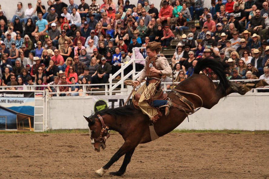 Armstrong cowboy Jaret Cooper, shown competing at the 2022 Falkland Stampede, begins his quest for a novice saddle bronc championship buckle as the 48th annual Canadian Finals Rodeo begins tonight (Wednesday, Nov. 2), in Red Deer. (Facebook photo)