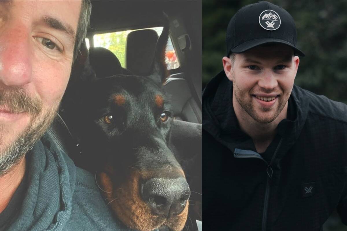 Jesse Legroulx and his dog Roscoe (left) were both involved in the car crash on the Coquihalla Oct. 22 that took the life of Aaron Hansen (right). (Facebook, GoFundMe)