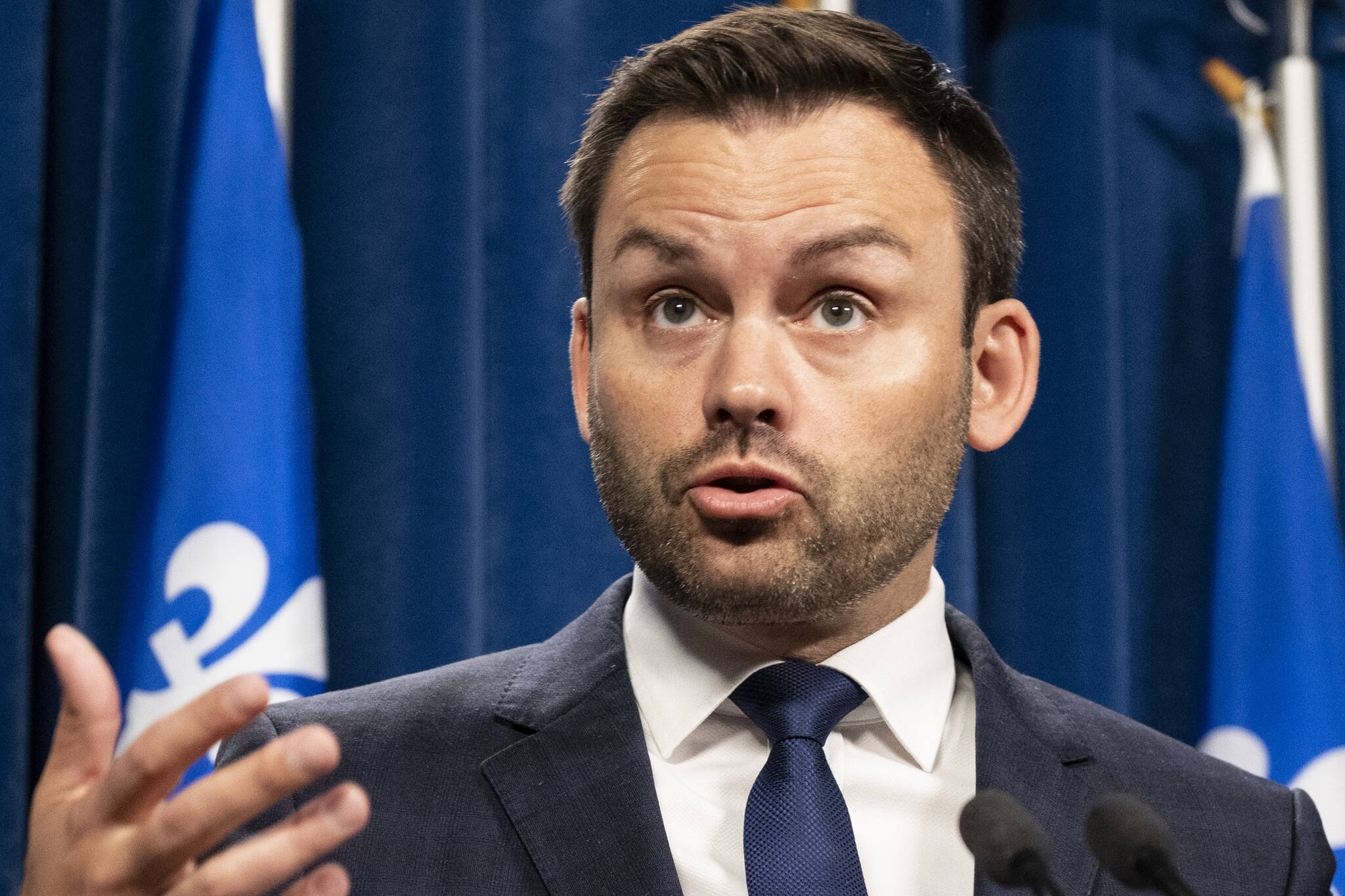 Parti Quebecois Leader Paul St-Pierre Plamondon speaks at a news conference, Monday, October 17, 2022 at the legislature in Quebec City. St-Pierre Plamondon told reporters he didn’t want to swear an oath to King Charles III. THE CANADIAN PRESS/Karoline Boucher