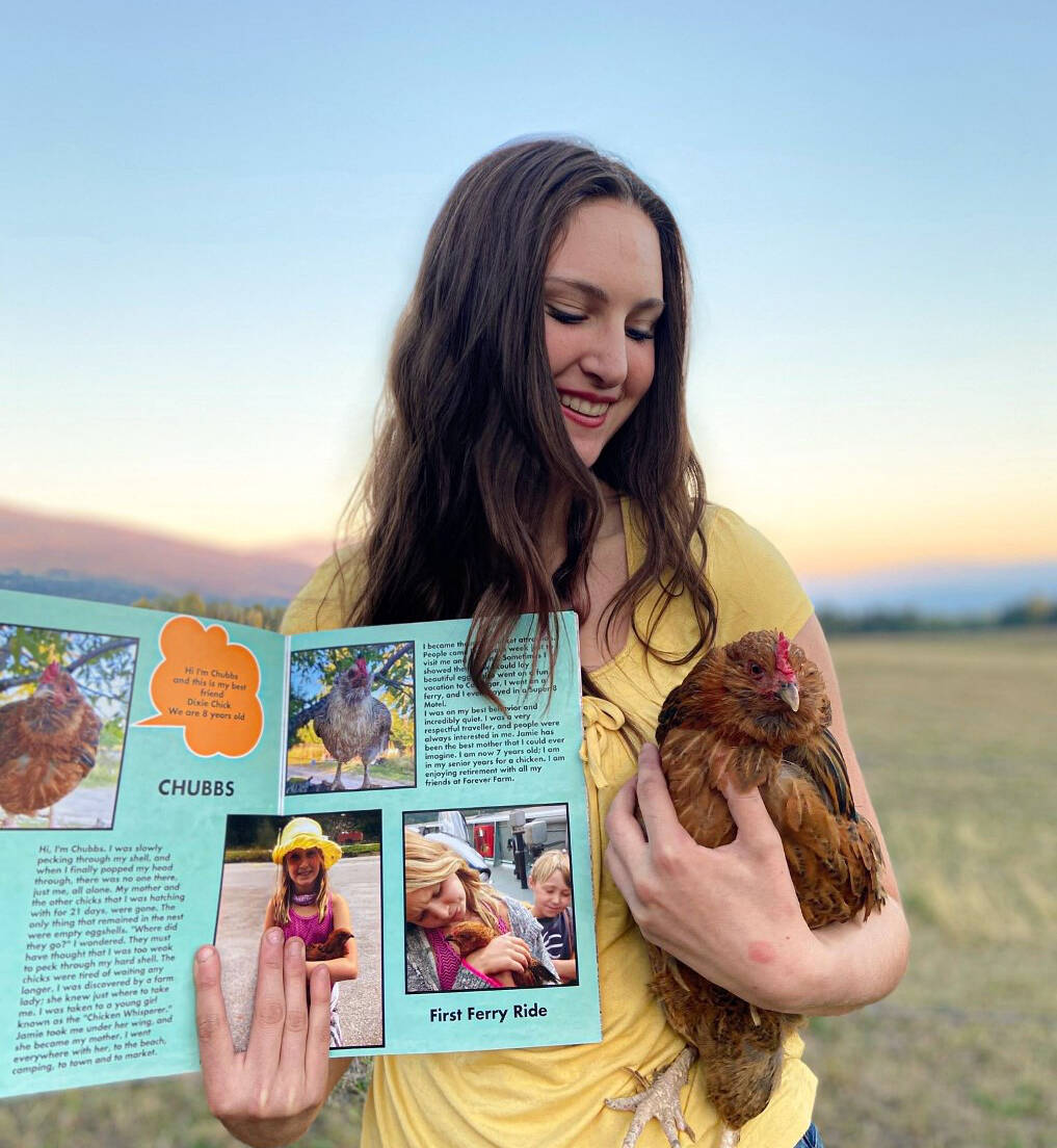 Jamie Bentley of Celista holds Chubbs the chicken, one of the animals featured in Forever Farm, the book she wrote to help raise money to support the rescued animals her family supports. (Matty Sangster photo)