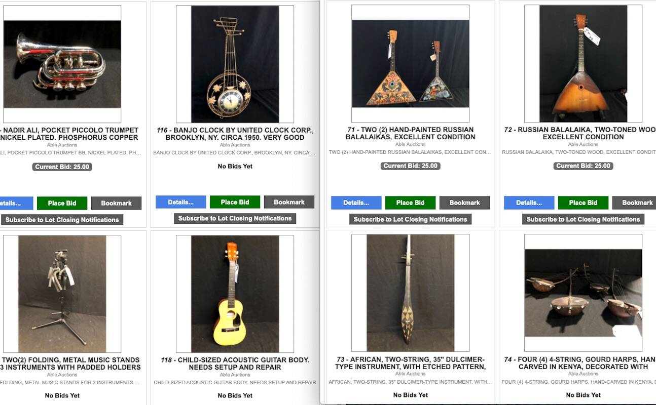 Just some of the 448 instruments and other music-related items to be auctioned by Able Auctions on Nov. 19. (Photo: ableauctions.ca)