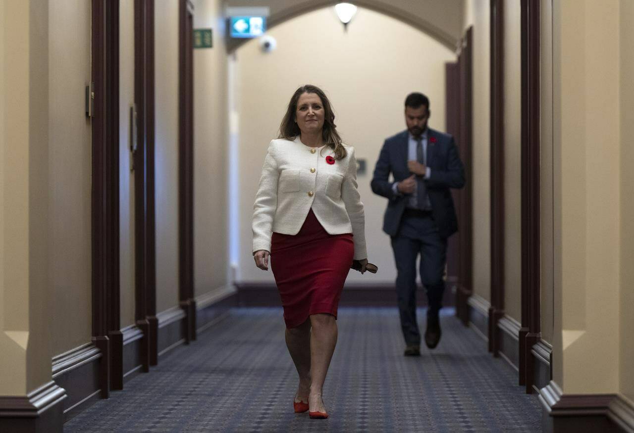 Deputy Prime Minister and Finance Minister Chrystia Freeland makes her way to a cabinet meeting on Parliament Hill, In Ottawa, Thursday, Nov. 3, 2022. THE CANADIAN PRESS/Adrian Wyld