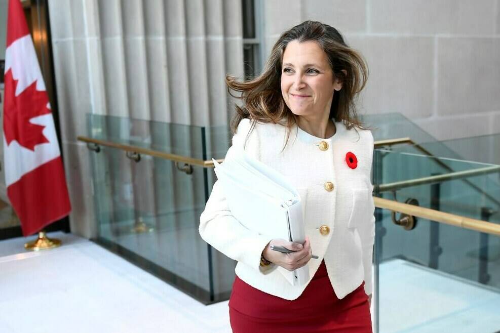 Deputy Prime Minister and Minister of Finance Chrystia Freeland arrives for a news conference before tabling the Fall Fiscal Update in Ottawa, on Thursday, Nov. 3, 2022. THE CANADIAN PRESS/Justin Tang
