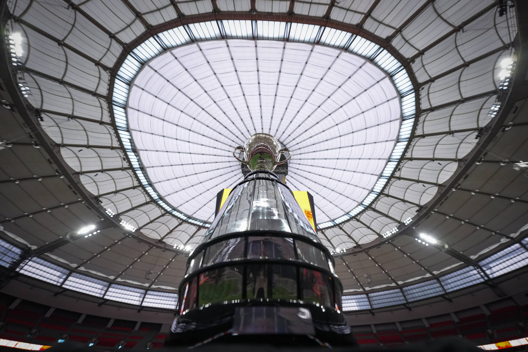The Grey Cup trophy sits on display before a B.C. Lions news conference where the Canadian Football League team was announced as hosts of 2024 Grey Cup, in Vancouver, on Thursday, November 3, 2022. THE CANADIAN PRESS/Darryl Dyck