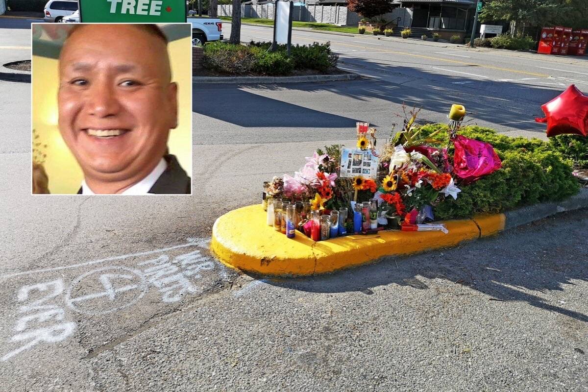 A memorial to Paul Prestbakmo (inset) grew quickly on the median adjacent to where he died, after suffering stab wounds, in the early hours of Aug. 16, 2019. (File photo/Facebook photo)