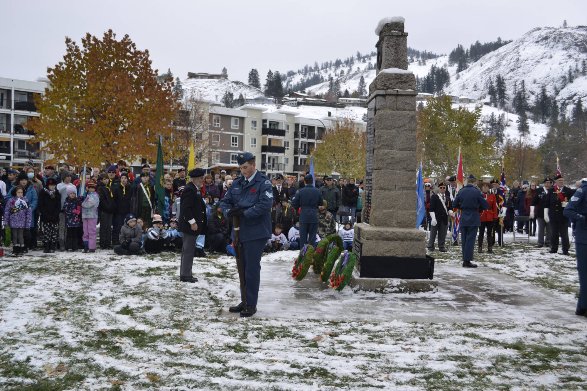 Summerland Legion past president John Dorn stands solemn at the cenotaph after laying a wreath on behalf of the Legion on Remembrance Day. That evening thieves broke into the Legion stealing all the poppy and Remembrance Day donations. (Monique Tamminga Western News)