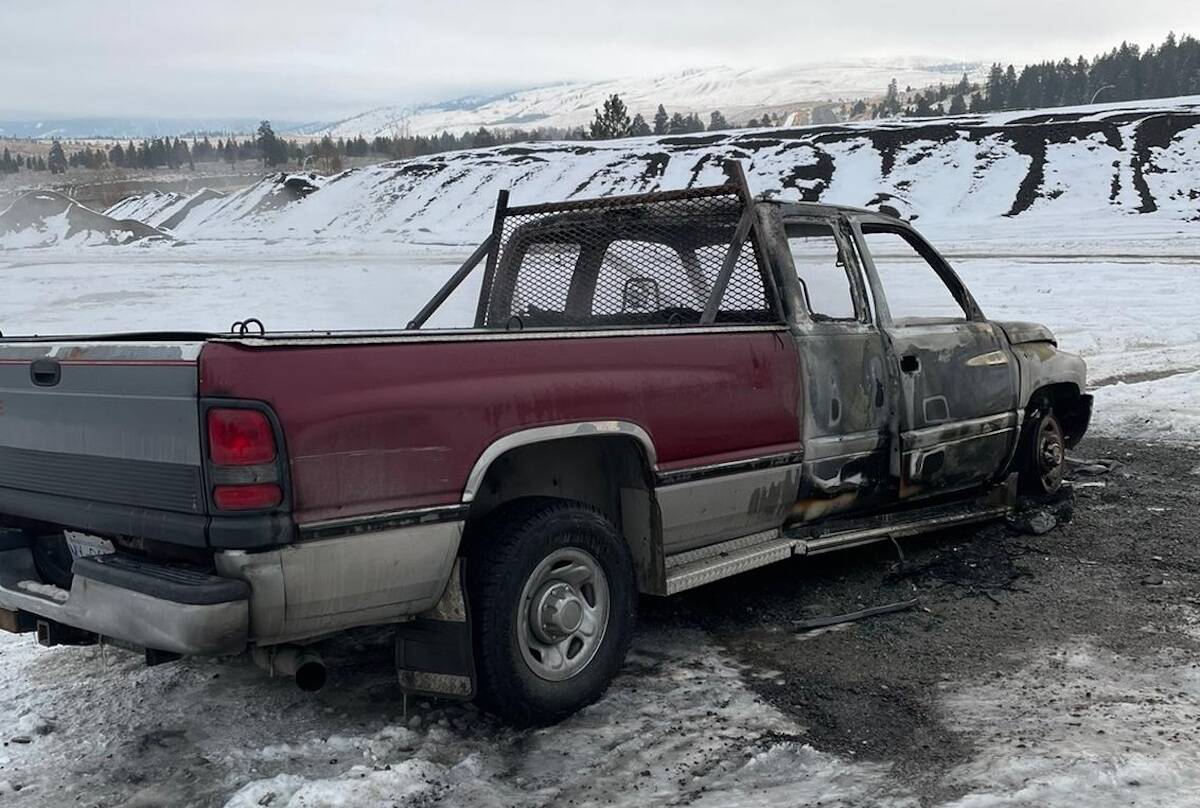 A burnt-out truck was found near the Highway 5A ramp off of Highway 5 in Merritt after an early-morning shooting on Nov. 18. (RCMP/Submitted)