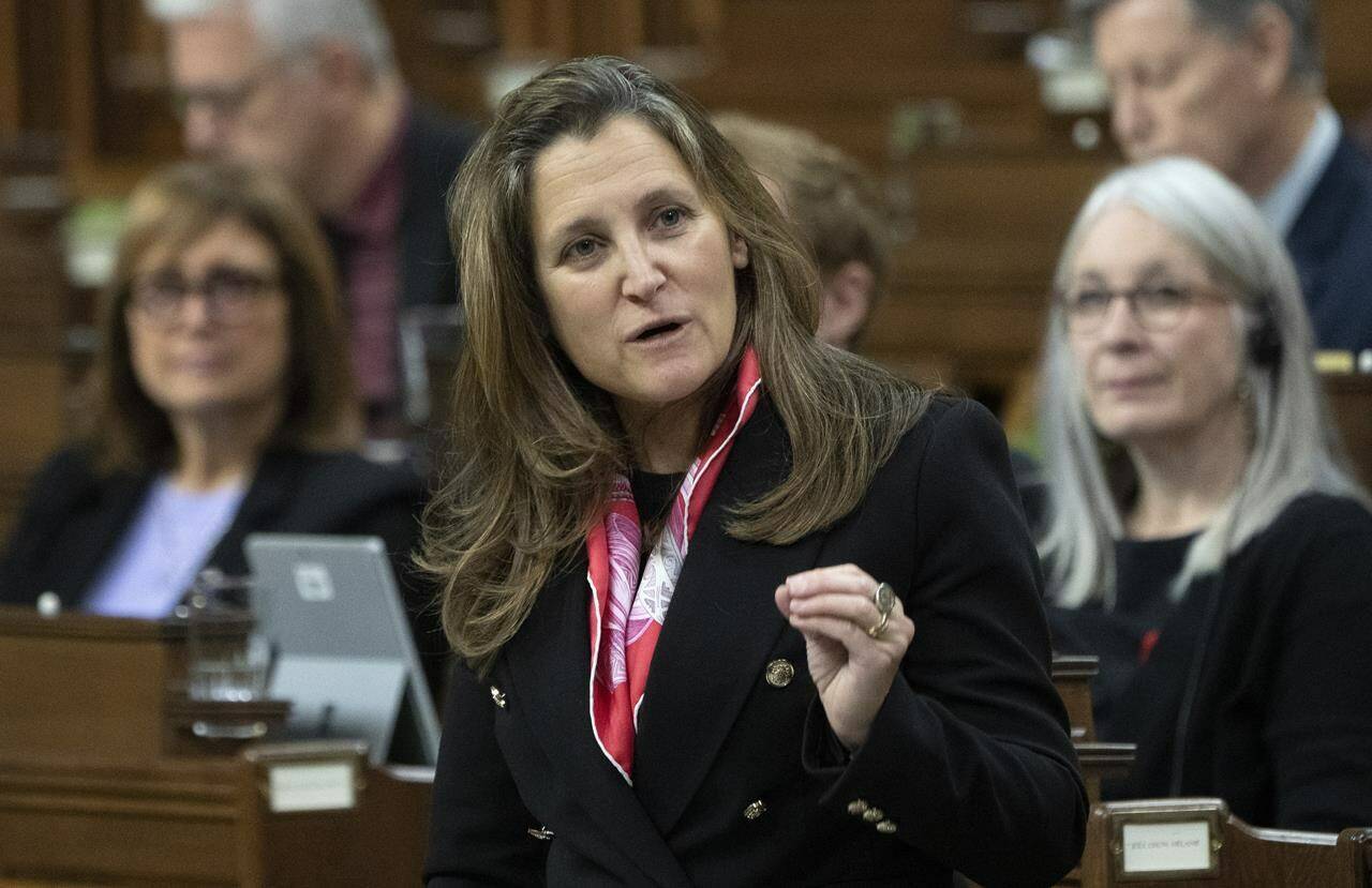 Deputy Prime Minister and Finance Minister Chrystia Freeland rises during Question Period on Friday, November 18, 2022 in Ottawa. THE CANADIAN PRESS/Adrian Wyld
