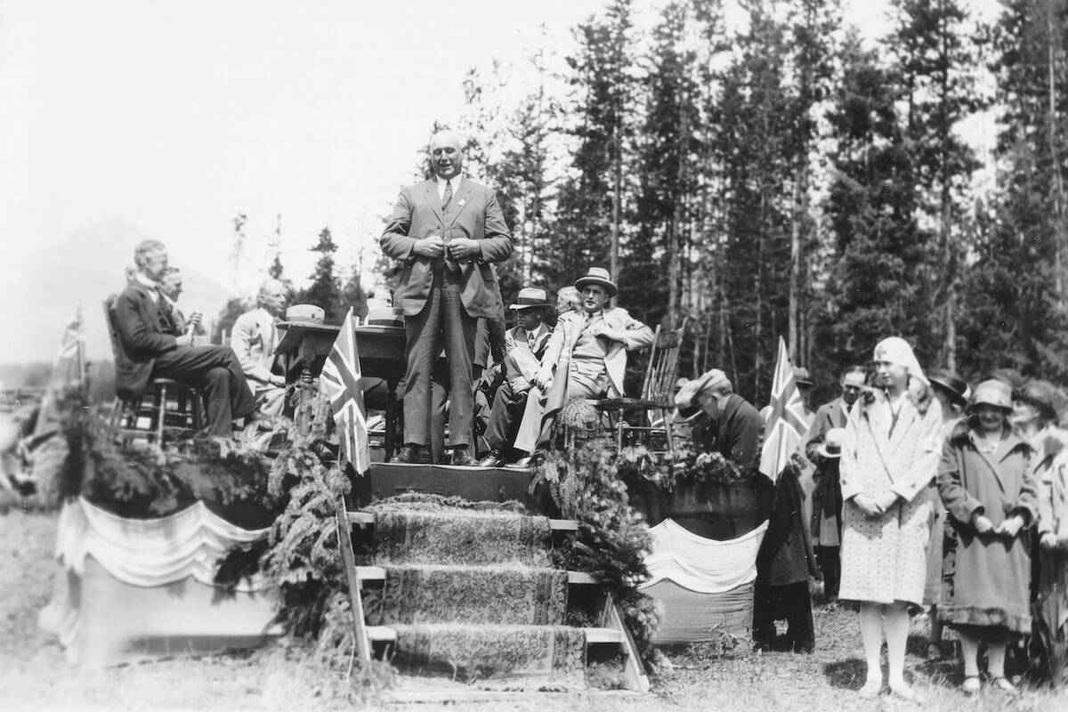 This historic photo is of the Honorable J.H. King was present to officiate the opening on July 9, 1927, of the Kicking Horse Trail at Golden. The completion of this road would connect Field and Golden and link up with the Columbia River Road. (Golden Museum)