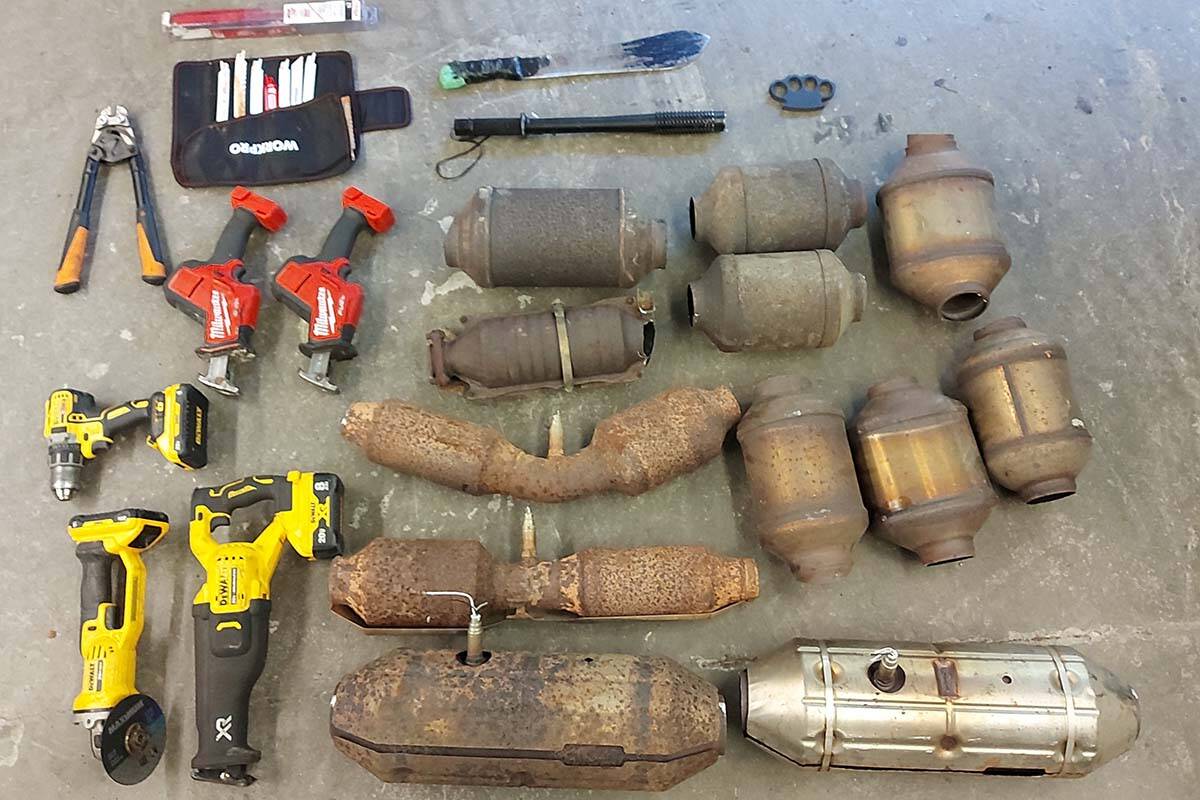 FILE – Twelve catalytic converters found during a police siezure in the Lower Mainland in January 2022. (Abbotsford Police Department handout)