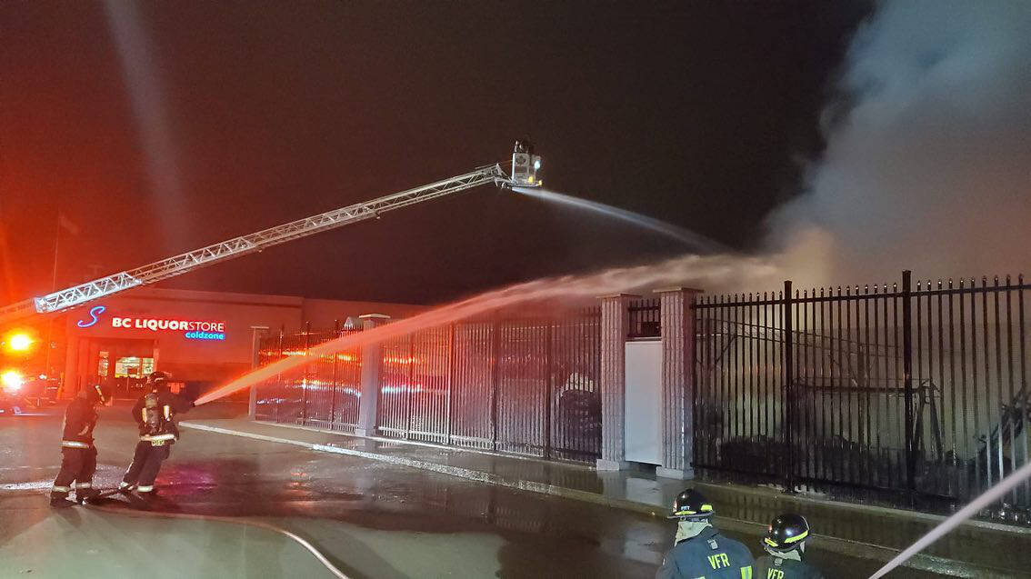 Firefighters battle a suspicious blaze at Canadian Tire early Saturday, Nov. 19. (Vernon Firefighters Local1517 photo)