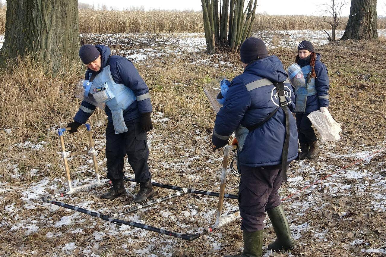 Workers with the HALO Trust organization use a detector as they perform demining operations in the village of Peremoha, on the outskirts of Kyiv, Thursday, Dec. 1, 2022. THE CANADIAN PRESS/Patrice Bergeron