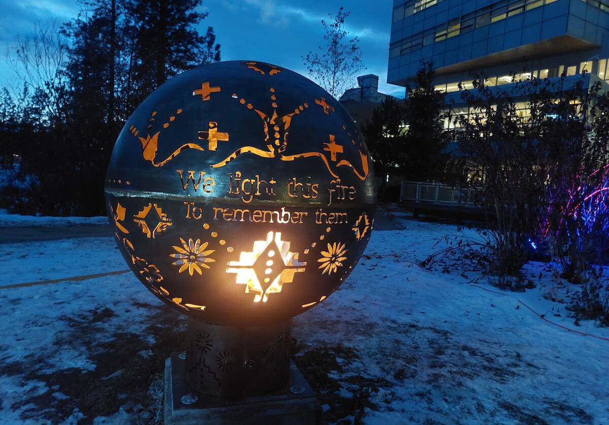 During the 14 Not Forgotten Memorial, UBCO unveiled the firebowl. The statue is a collaborative piece, titled For Future Matriarchs that was created by Syilx artist Krista-Belle Stewart and Secwépemc artist Tania Willard.(Jacqueline Gelineau/Capital News)