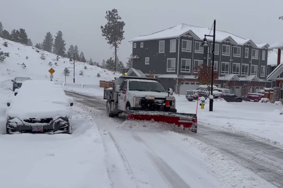 Snow removal crews in Penticton work to clear and salt the roads following a Novembrer snowstorm. (Photo- City of Penticton, Facebook)