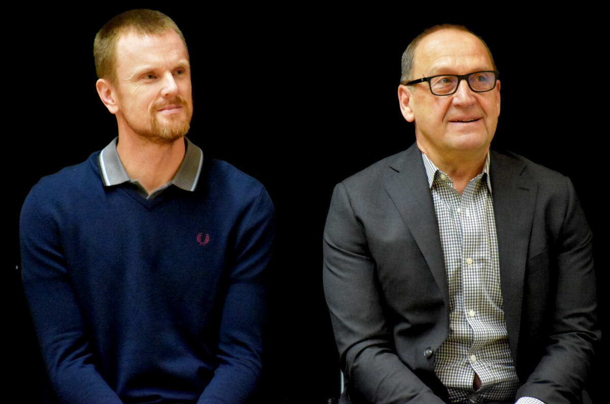 Daniel Sedin (left) and Stan Smyl will be co-coaches for one of the teams at the CHL/NHL Top Prospects Game on Jan. 25, 2023. The pair will oppose Henrik Sedin and Vancouver Giants head coach Michael Dyck. (Ben Lypka/Abbotsford News)
