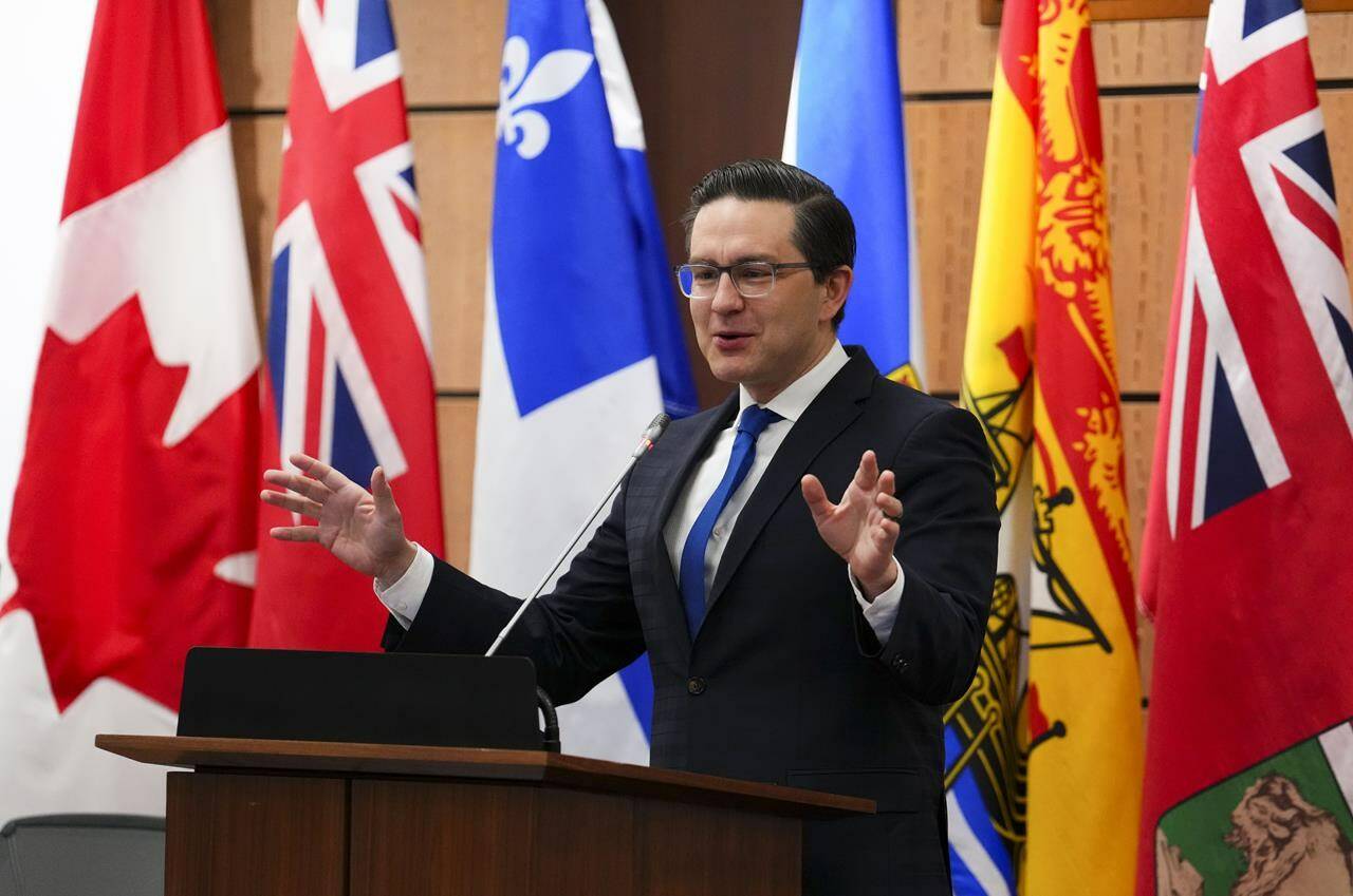 Conservative leader Pierre Poilievre addresses caucus during a meeting on Parliament Hill in Ottawa on Wednesday, Dec. 14, 2022. THE CANADIAN PRESS/Sean Kilpatrick