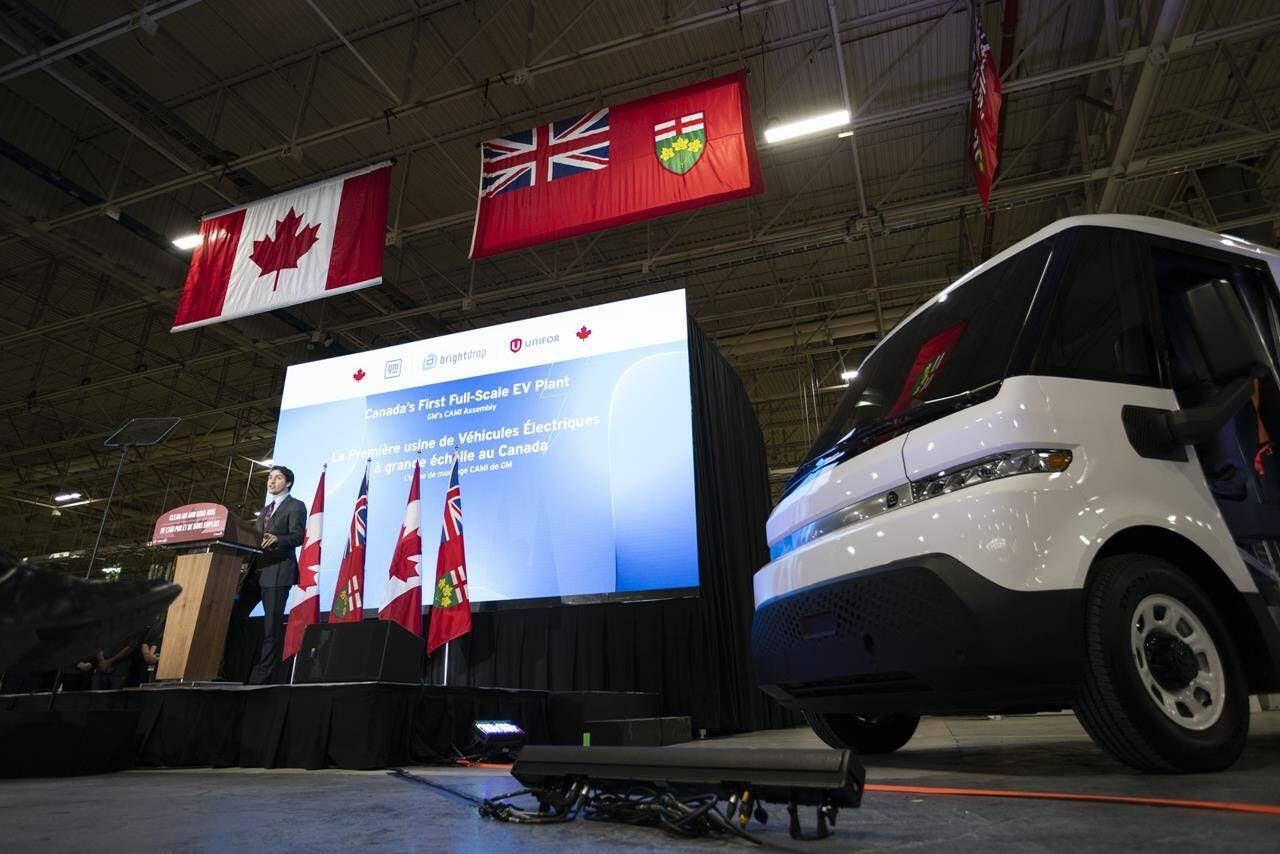 Prime Minister Justin Trudeau speaks at the General Motors CAMI production plant in Ingersoll, Ont., on December 5, 2022. THE CANADIAN PRESS/Nicole Osborne