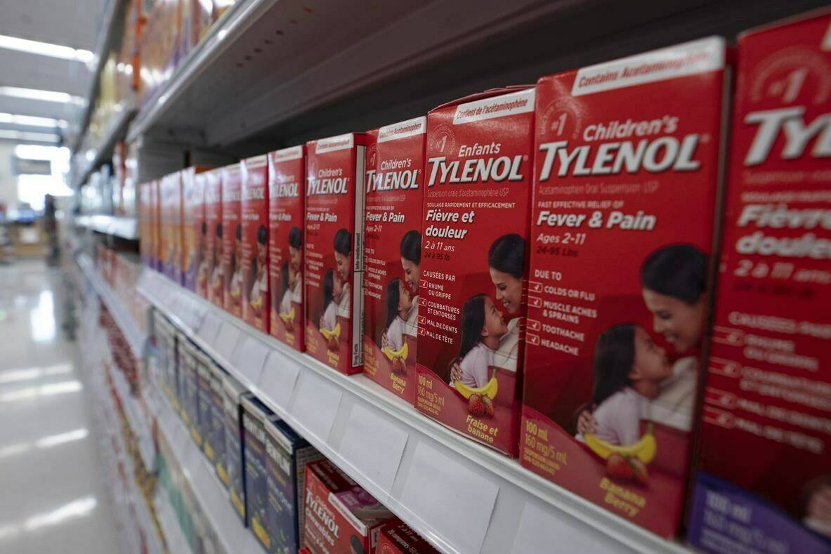 Children’s Tylenol sits on a shelf at a pharmacy on November 9, 2022 in Ottawa. THE CANADIAN PRESS/Adrian Wyld