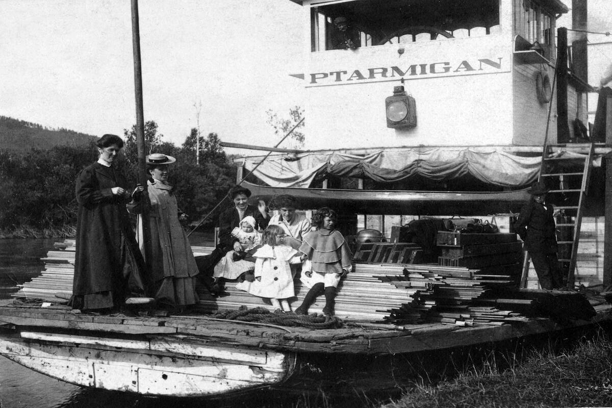 This historic photo is of the Ptarmigan, which was built in Golden in 1903 by the Upper Columbia Navigation and Tramway Company. It was 110 feet long and 20 feet wide. This boat had a rough life. It was purchased by the Columbia River Company in 1903 and launched immediately. It hit a snag near Redrock in 1907 and had to be repaired. Later that same year it caught on fire and the upper works were destroyed. Repaired it went back to work in 1908 and was broken up in 1909. It was removed from the mariner’s book in 1911.
~ Golden Museum
