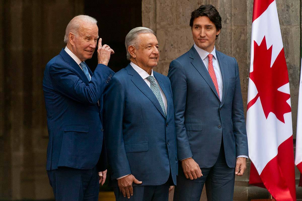 President Joe Biden, Mexican President Andres Manuel Lopez Obrador, and Canadian Prime Minister Justin Trudeau meet at the 10th North American Leaders’ Summit at the National Palace in Mexico City, Tuesday, Jan. 10, 2023. (AP Photo/Andrew Harnik)