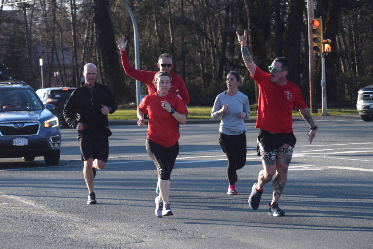 Wounded Warriors runners arrive in Port Alberni during an awreness event on March 3, 2022. The organization offers support programs for veterans, first responders and their families. (ELENA RARDON / ALBERNI VALLEY NEWS)