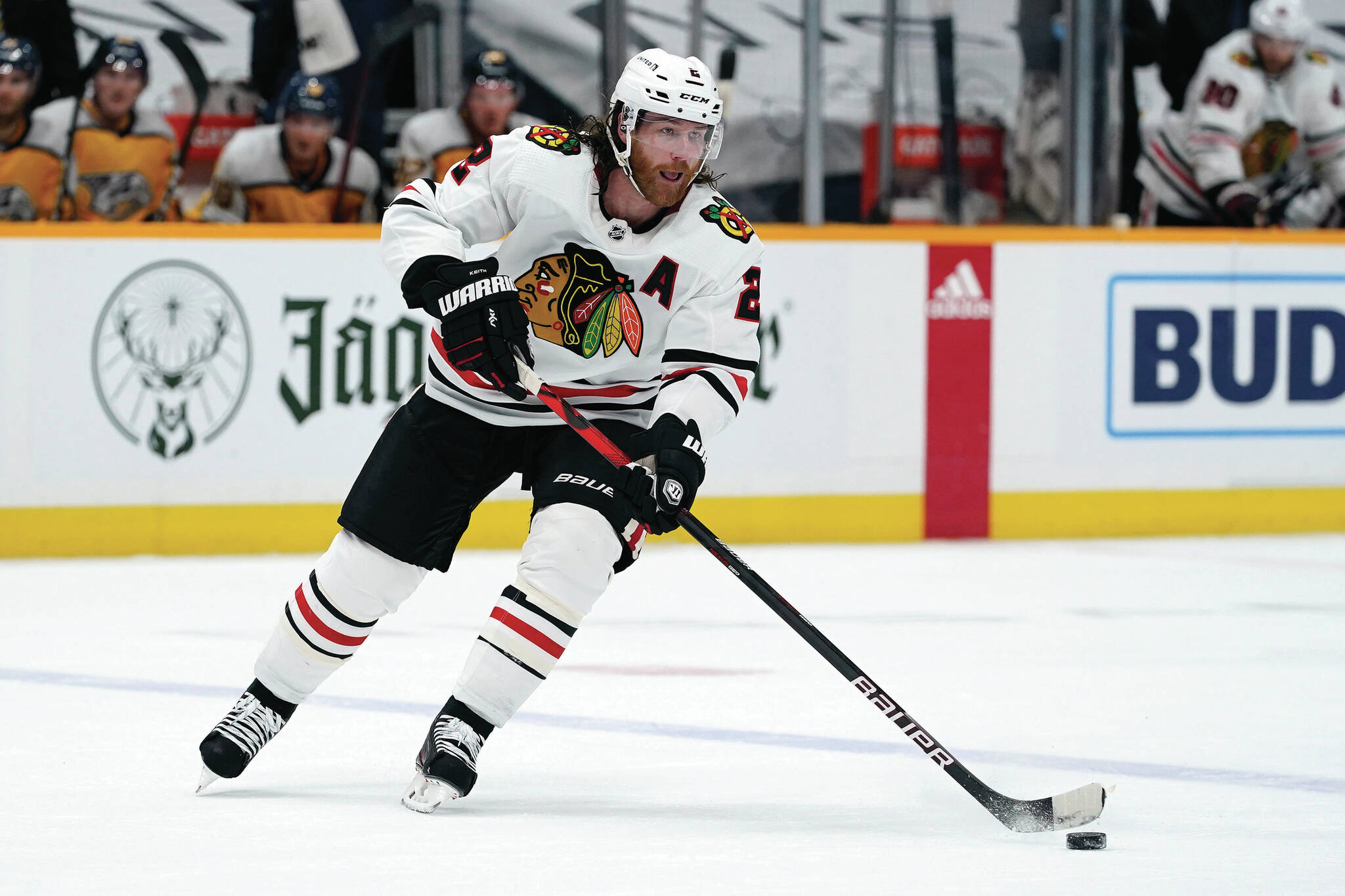 FILE - In this April 19, 2021, file photo, Chicago Blackhawks defenseman Duncan Keith (2) plays against the Nashville Predators in the first period of an NHL hockey game in Nashville, Tenn. (AP Photo/Mark Humphrey, File)