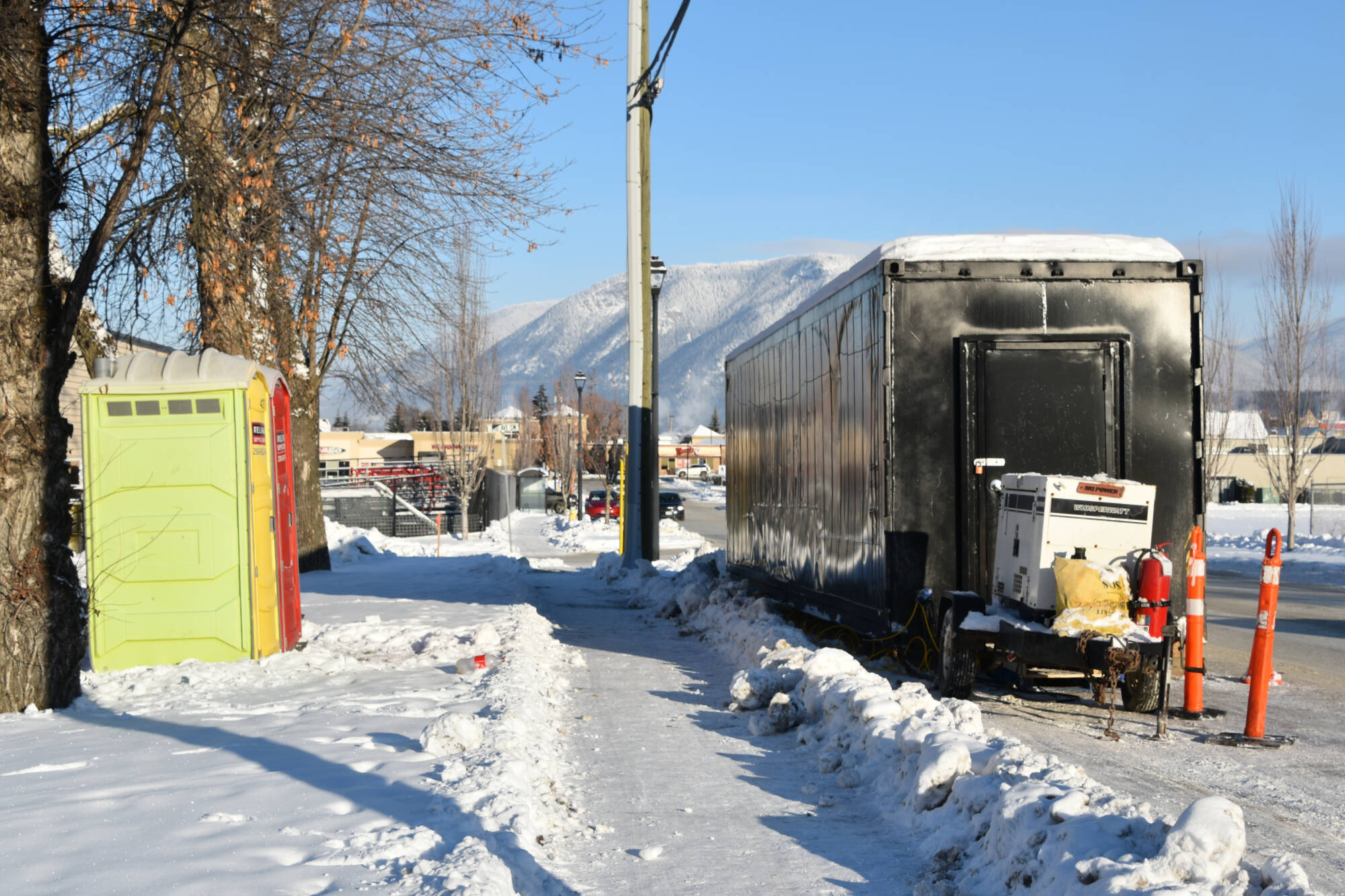 The new temporary winter shelter at the Downtown Activity Centre, 451 Shuswap St. S in Salmon Arm, will be open seven days a week, 8 p.m. to 6 a.m., from Jan. 19 to April 30. (Martha Wickett-Salmon Arm Observer)
A sea can, along with two porta potties, was set up along 3rd Street SW on Dec. 20, 2022. (File photo)