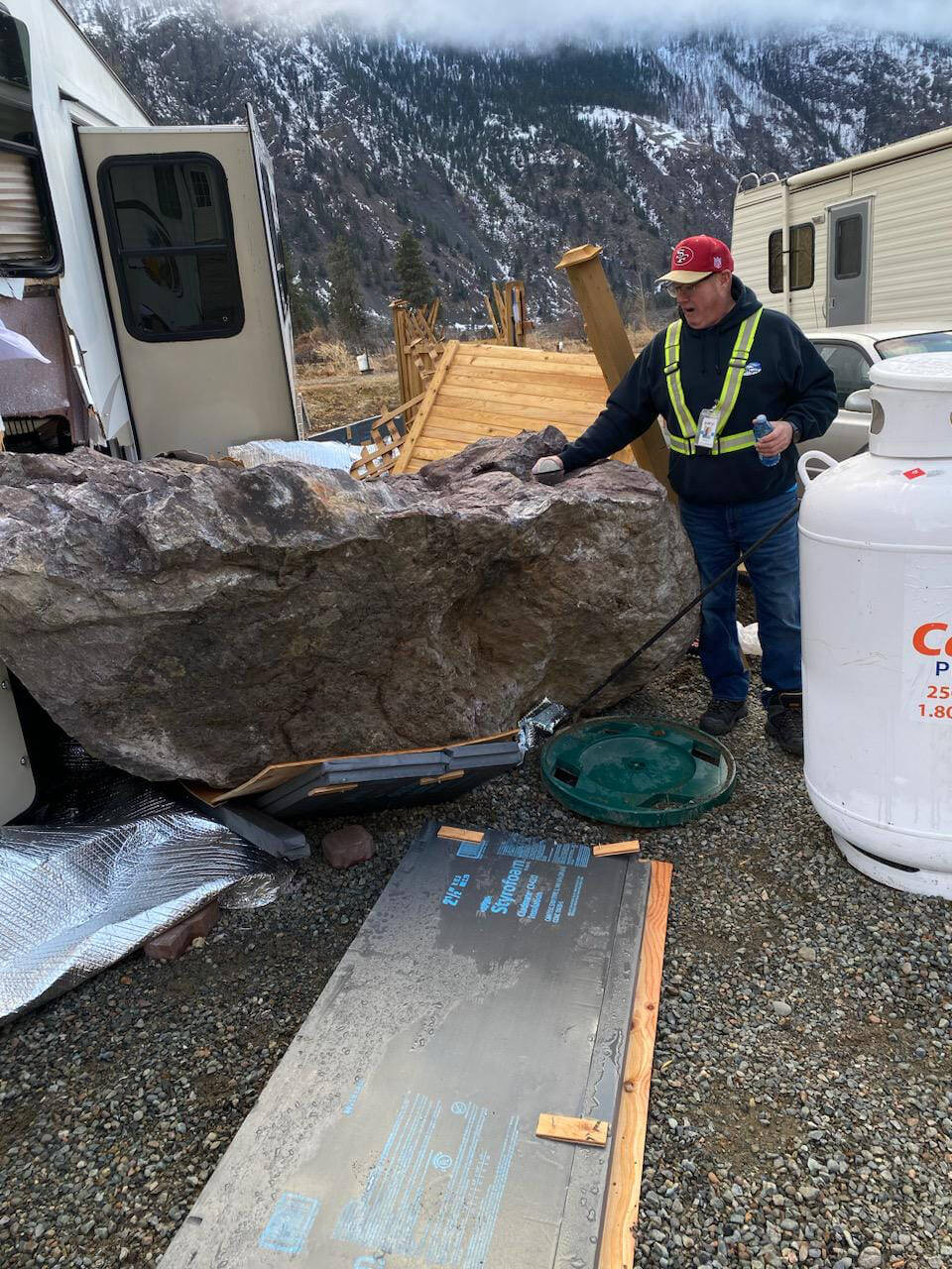 A cat was inside this trailer when a fridge-sized boulder slammed into it during the rockslide near Keremeos on Jan. 16. With help from ALERT, the cat is back safe with its owner. (ALERT Facebook)