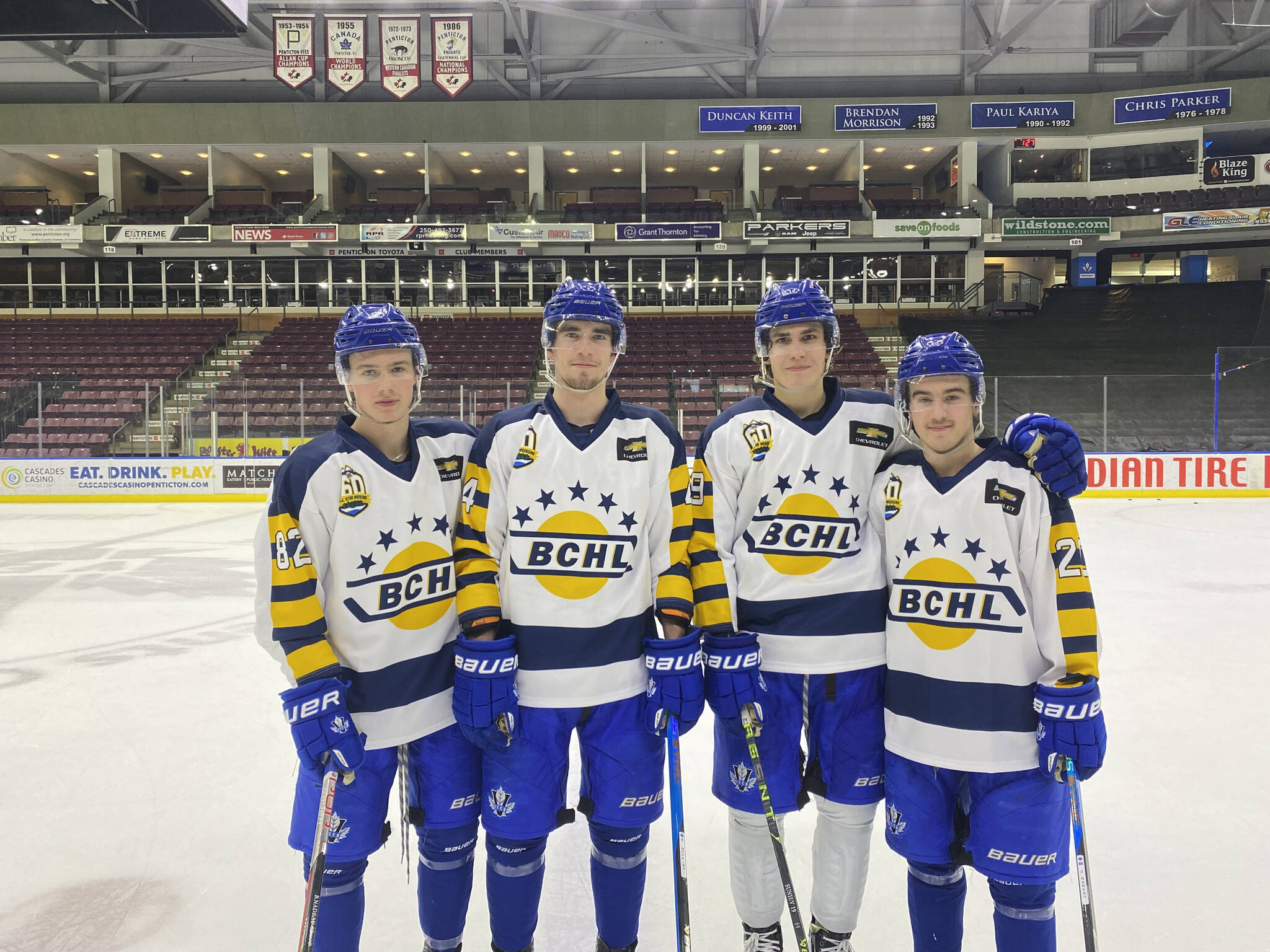 Left to right: Penticton Vees Bradly Nadeau, Ryan Hopkins, Aydar Suniev and Josh Nadeau will be participating in BCHL’s 60th Anniversary Prospects game at the SOEC Friday night. The Nadeau brothers will be participating in the skills competition at Penticton’s new outdoor rink on Saturday afternoon. (Logan Lockhart- Western News)