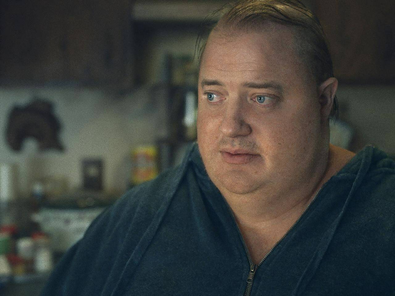 This image released by A24 shows Brendan Fraser in a scene from “The Whale.” (A24 via AP)