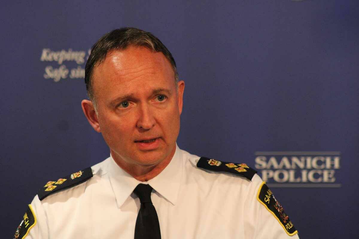 Saanich Police Chief Dean Duthie speaks during a press conference where the Vancouver Island Integrated Major Crime Unit released its investigation findings into the June 28, 2022, Saanich bank shootout. (Jake Romphf/News Staff)