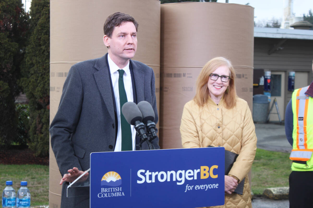 B.C. Premier David Eby at the Crofton mill announcement, backed by Minister of Jobs, Economic Development and Innovation Brenda Bailey. (Photo by Don Bodger)