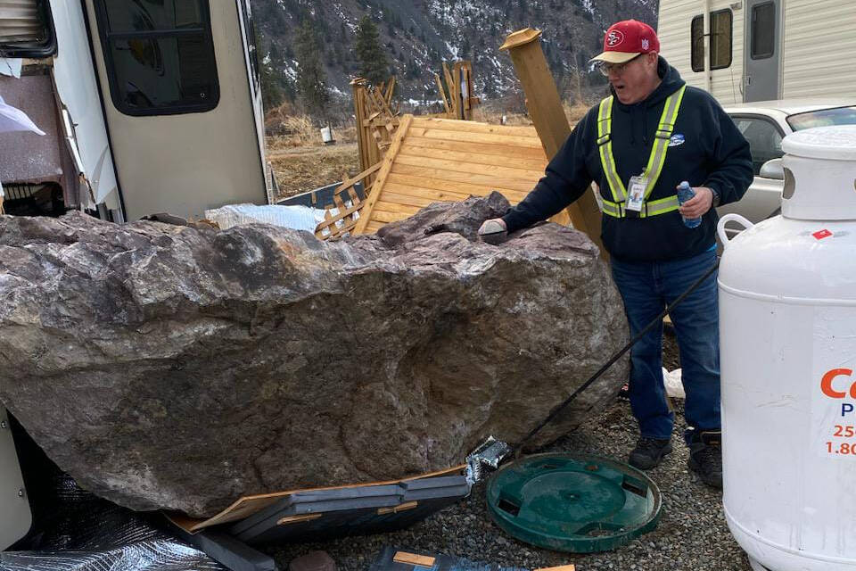 A cat was inside this trailer when a fridge-sized boulder slammed into it during the rockslide near Keremeos on Jan. 16. With help from ALERT, the cat is back safe with its owner. (ALERT Facebook)